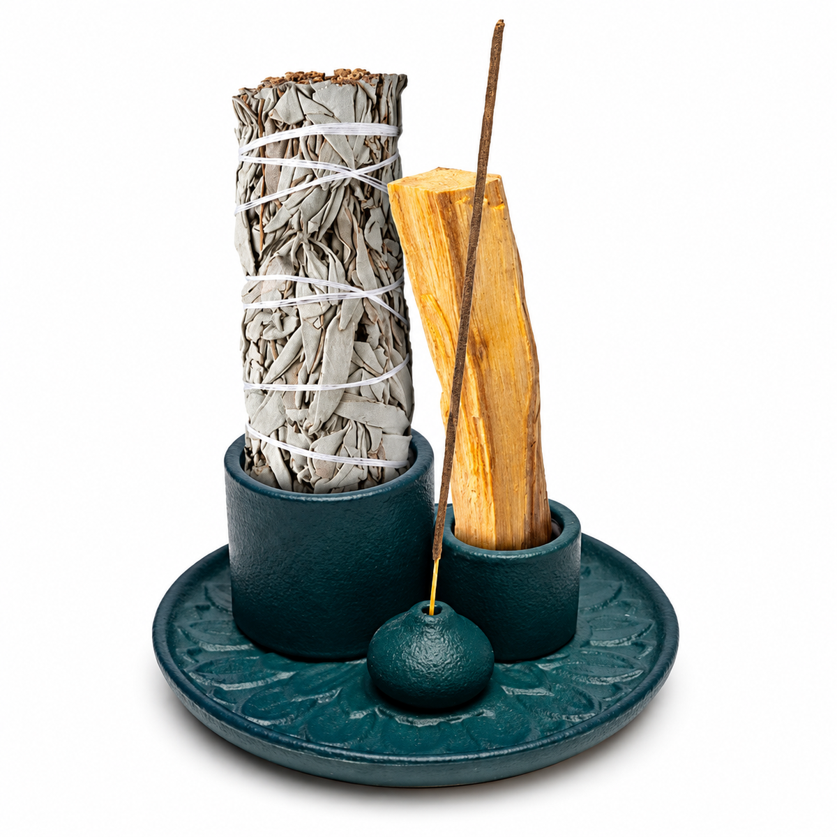 Bruciatore in Ceramica 3 in 1 per Palo Santo, Smudge e Incenso – Verde Petrolio