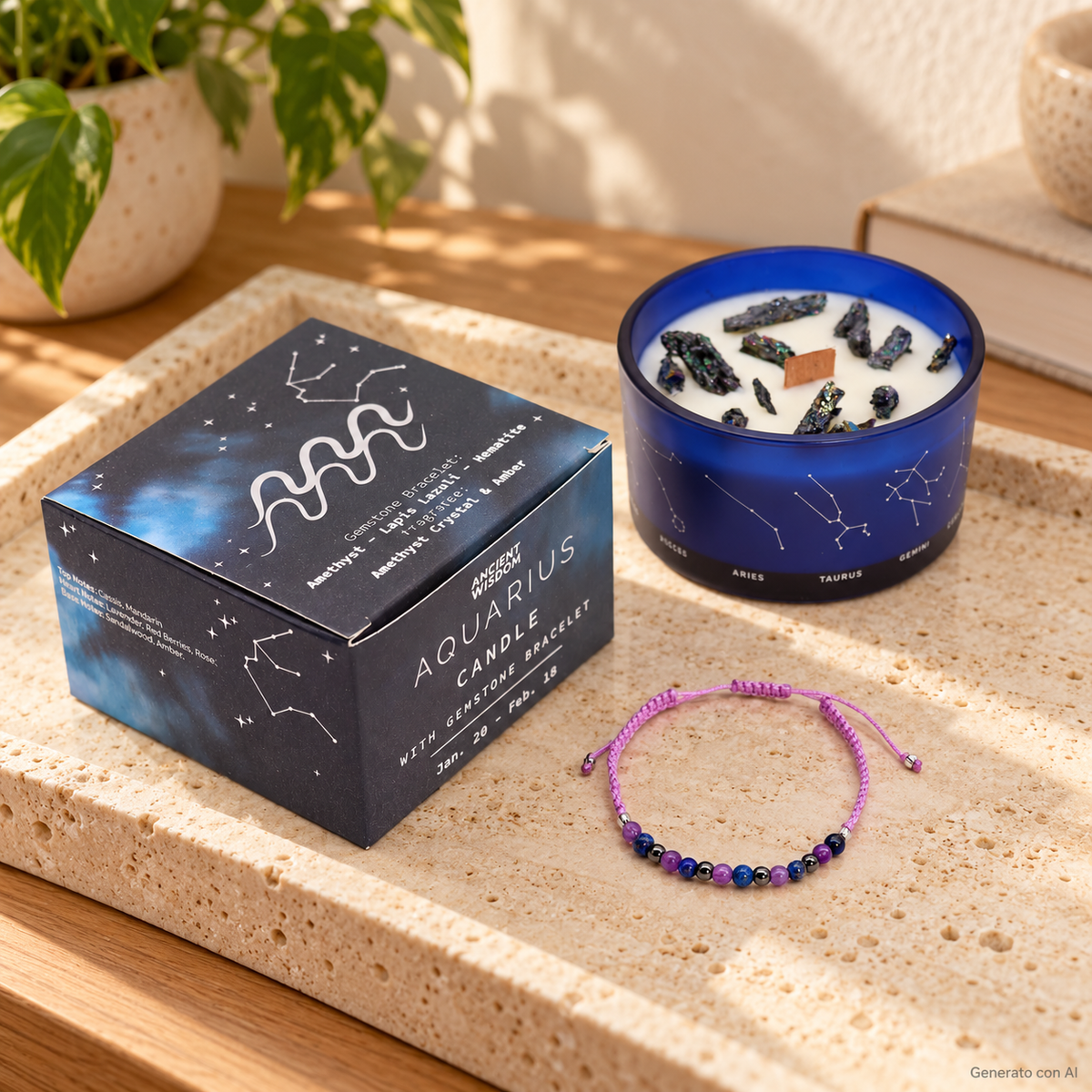 Candela Acquario dello Zodiaco con confezione e braccialetto, ambientata su una consolle in legno.