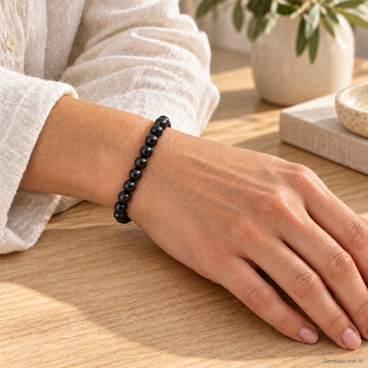 Bracciale in Onice Nera - 6mm indossato al polso in un ambiente naturale. Immagine generata con AI.