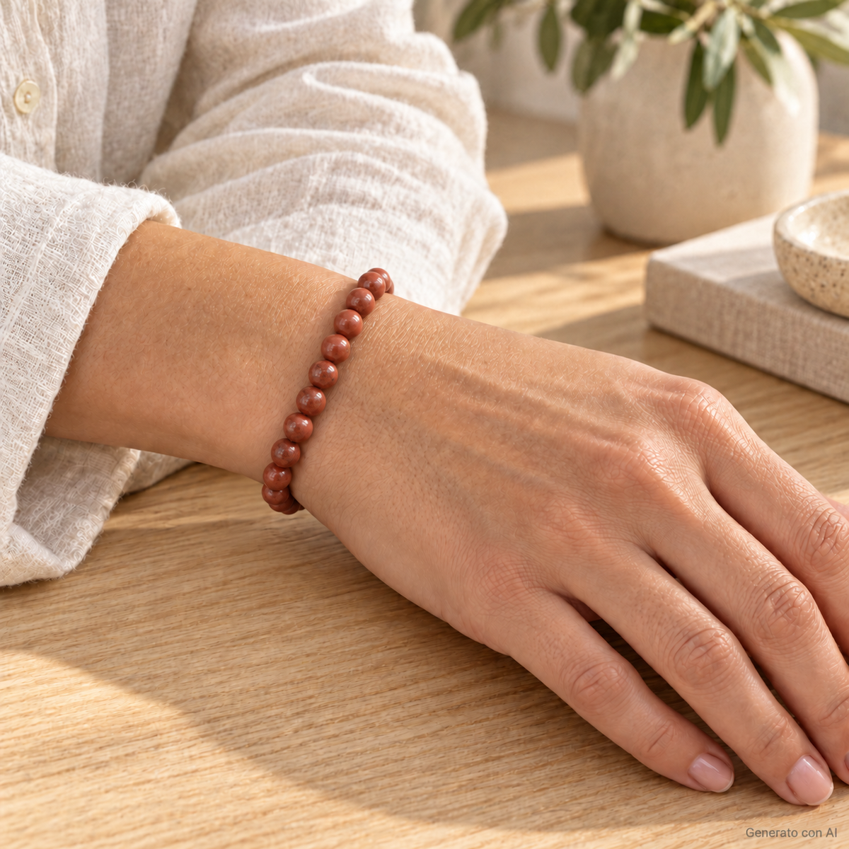 Bracciale in Diaspro Rosso - 6mm indossato al polso in un ambiente naturale. Immagine generata con AI.
