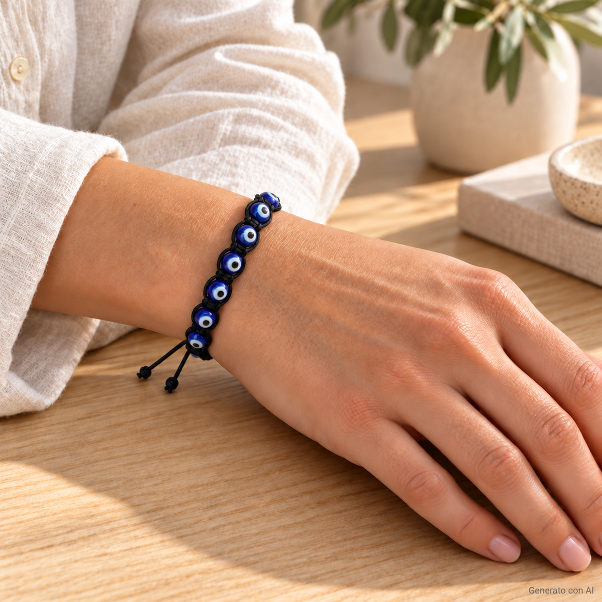 Bracciale artigianale Occhio di Nazar con Macramè – 8 mm indossato al polso in un ambiente naturale. Immagine generata con AI.