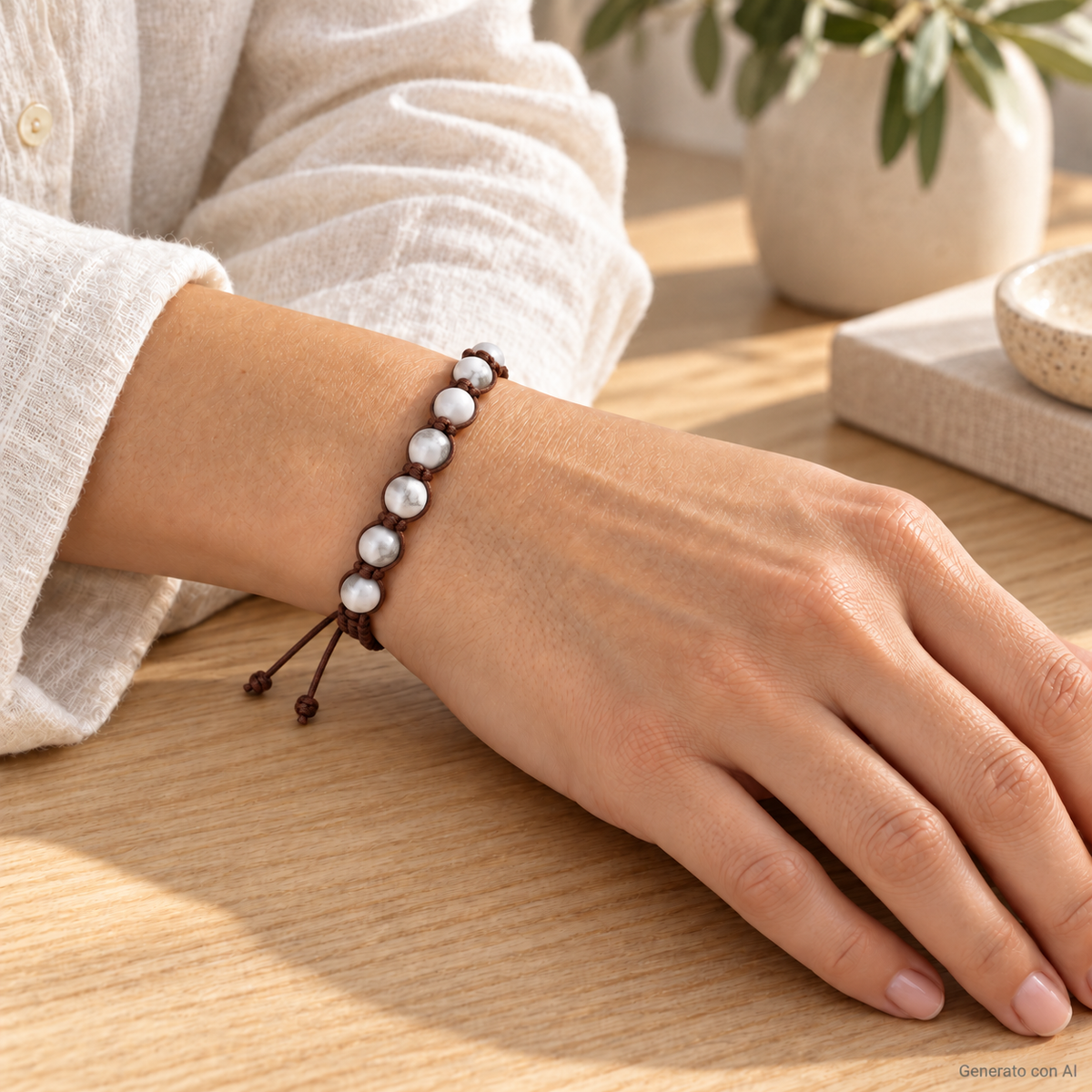 Bracciale artigianale in Howlite bianca con Macramè - 8 mm indossato al polso in un ambiente naturale. Immagine generata con AI.