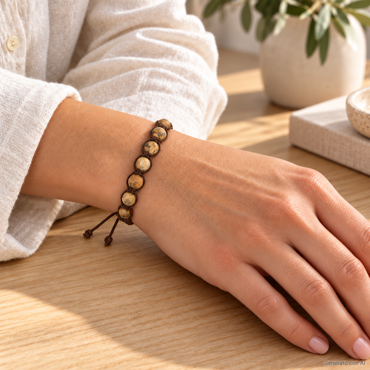 Bracciale artigianale in Diaspro paesaggio con Macramè - 8 mm indossato al polso in un ambiente naturale. Immagine generata con AI.