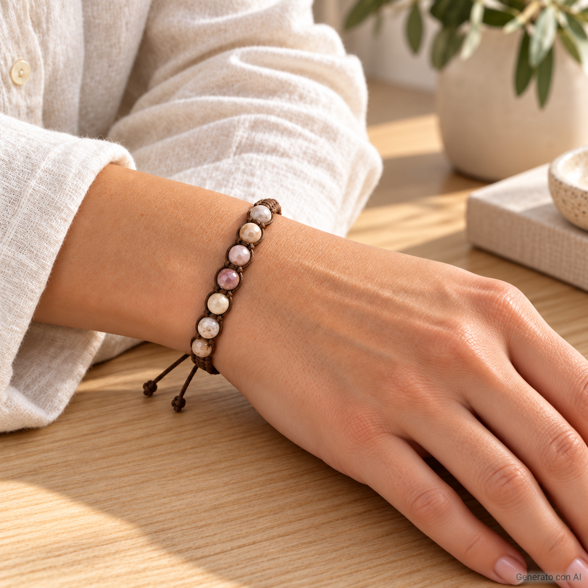 Bracciale artigianale in Agata Botswana sfaccettata con Macramè - 8 mm indossato al polso in un ambiente naturale. Immagine generata con AI.