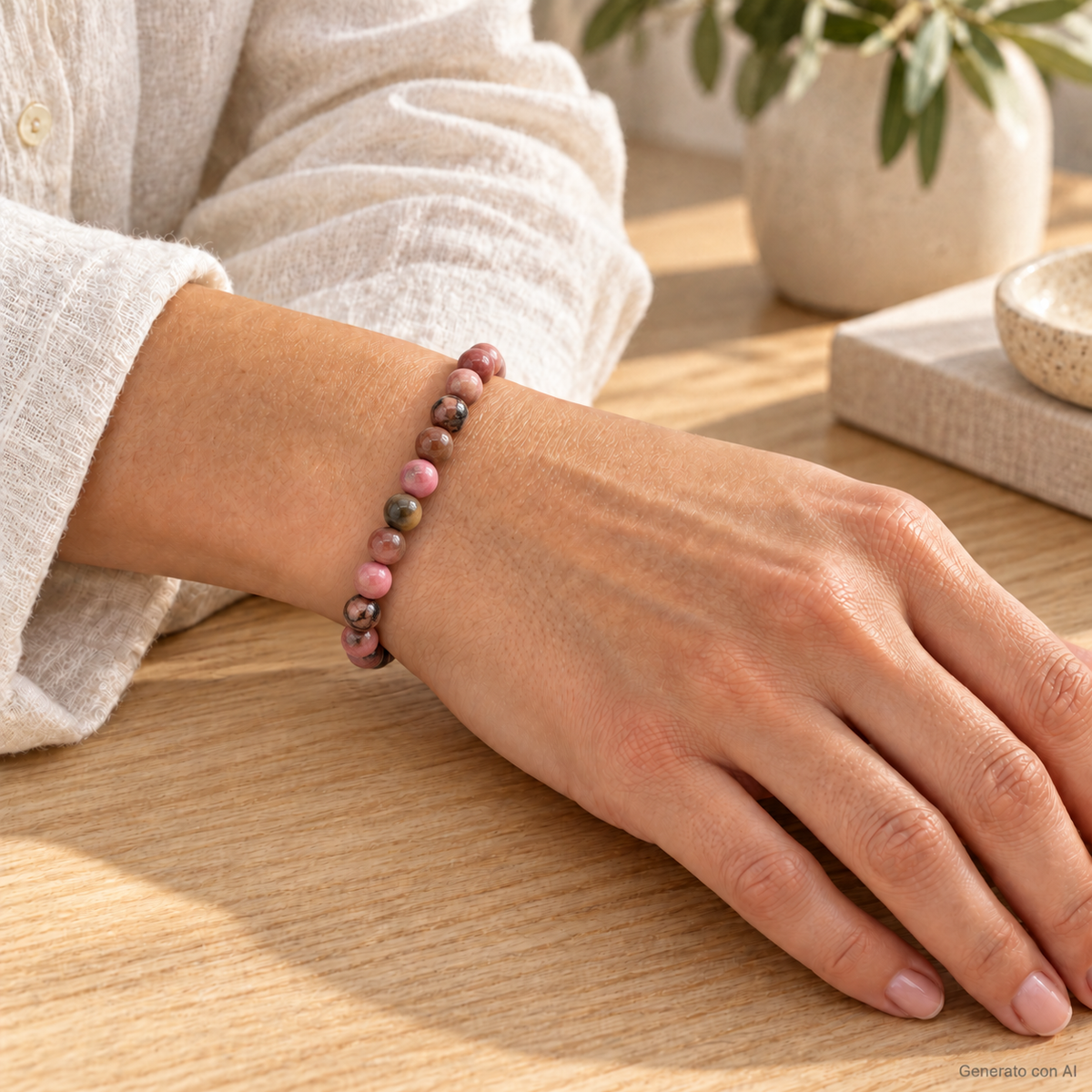 Bracciale in Rodonite - 6mm indossato al polso in un ambiente naturale. Immagine generata con AI.