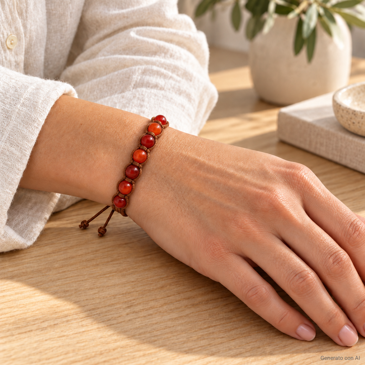 Bracciale artigianale in Corniola - 8 mm indossato al polso in un ambiente naturale. Immagine generata con AI.