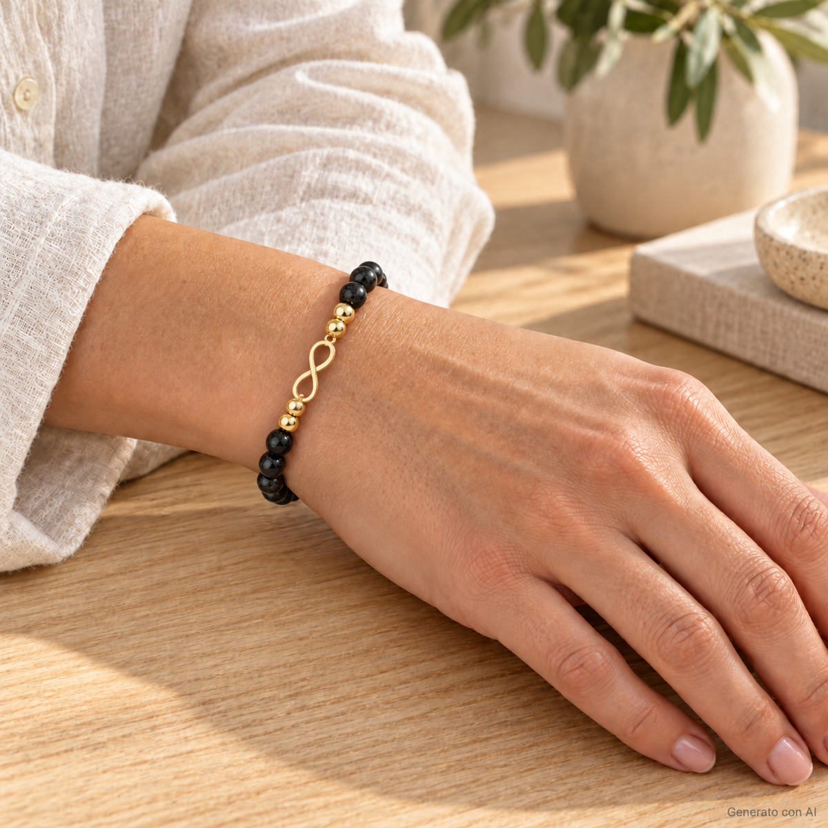 Bracciale Tormalina Nera con Simbolo Infinito Dorato - 6mm indossato al polso in un ambiente naturale. Immagine generata con AI.