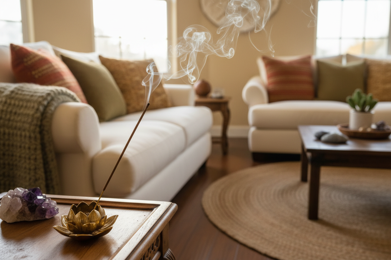 ambientazione di un salotto con un bastoncino di incenso acceso