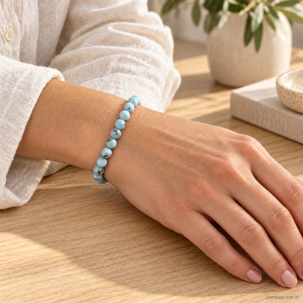 Bracciale elastico in Larimar con sfere da 6 mm indossato al polso – immagine ambientata generata con AI