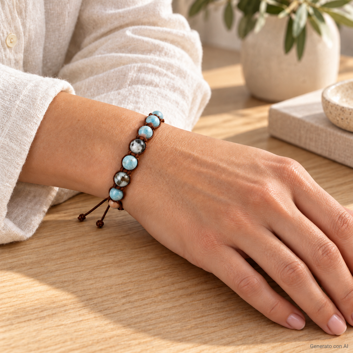 Bracciale Larimar macramè con sfere da 8 mm e terminali in cordino annodato, indossato al polso – immagine generata con AI
