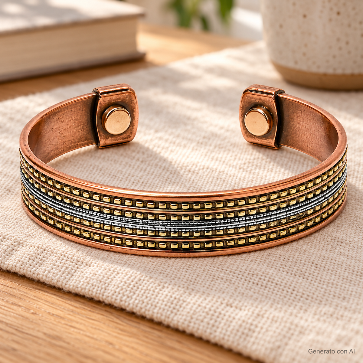 Bracciale magnetico in rame regolabile con quattro file dorate e banda argentata centrale, appoggiato sul lino.
