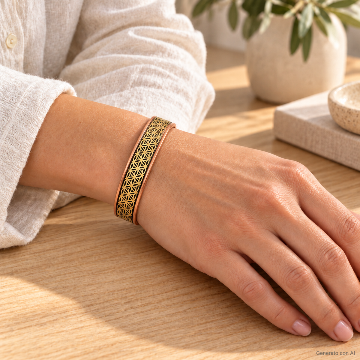 Bracciale magnetico in rame Fiore della Vita con motivo dorato su fondo nero, regolabile e indossato al polso.