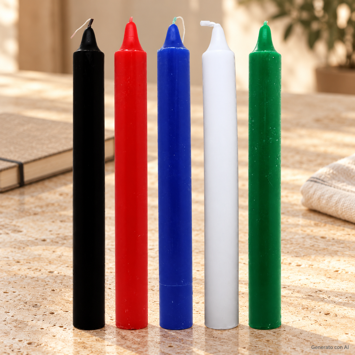 Set di cinque candele rituali nere, rosse, blu, bianche e verdi, disposte su un piano in pietra.