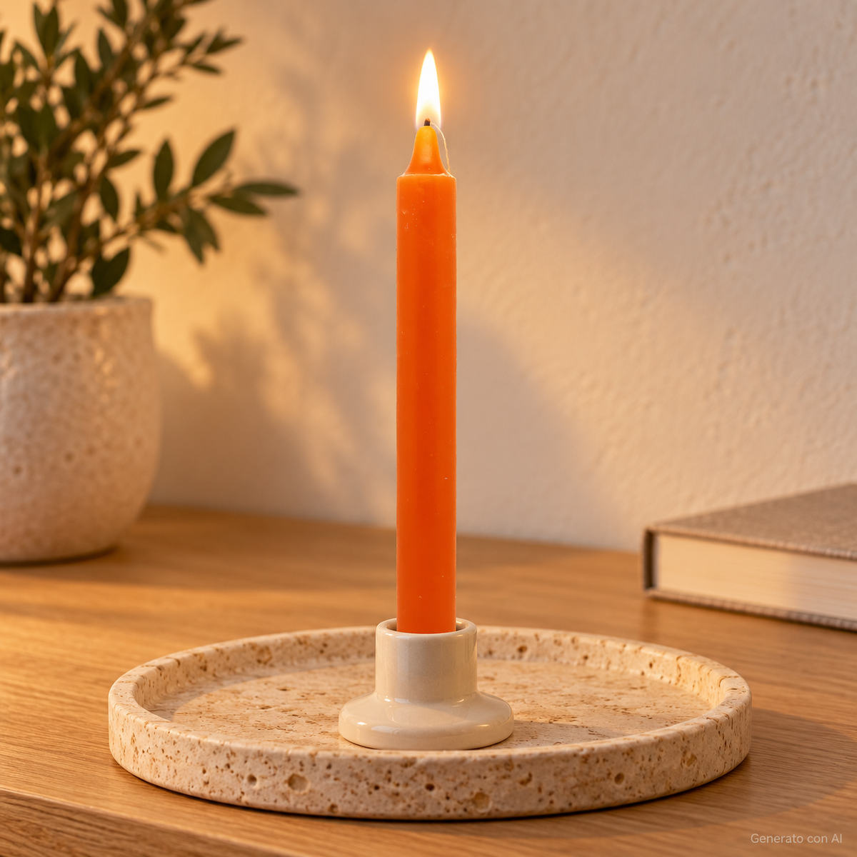 Candela rituale arancio antico tinta nella massa, accesa in un portacandela di ceramica su un vassoio in travertino.