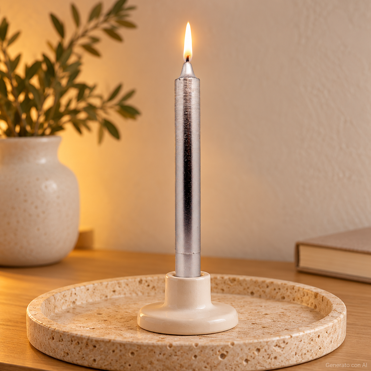 Candela rituale argento tinta nella massa, accesa in un portacandela di ceramica su un vassoio in travertino.