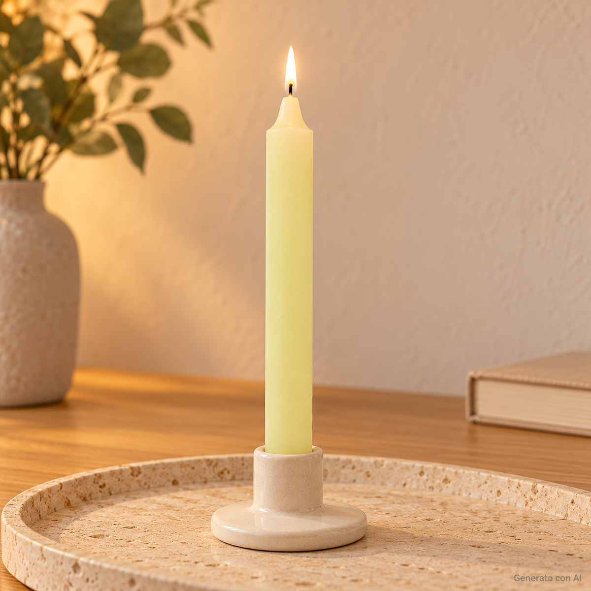 Candela rituale avorio tinta nella massa, accesa in un portacandela di ceramica su un vassoio in travertino.