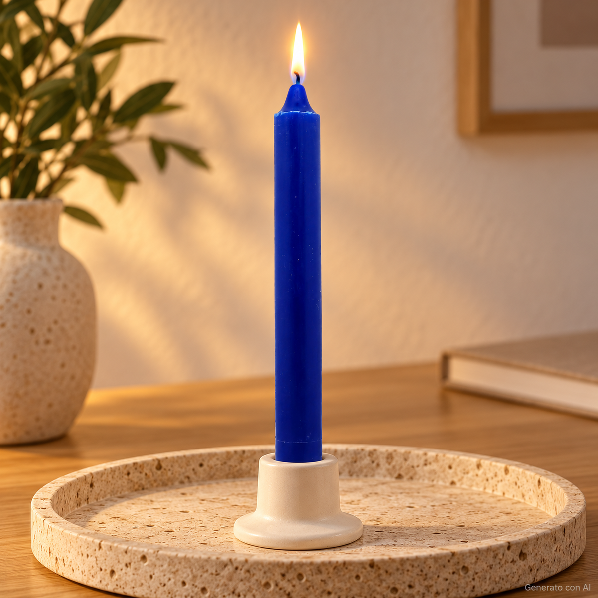 Candela rituale blu tinta nella massa, accesa in un portacandela di ceramica su un vassoio in travertino.