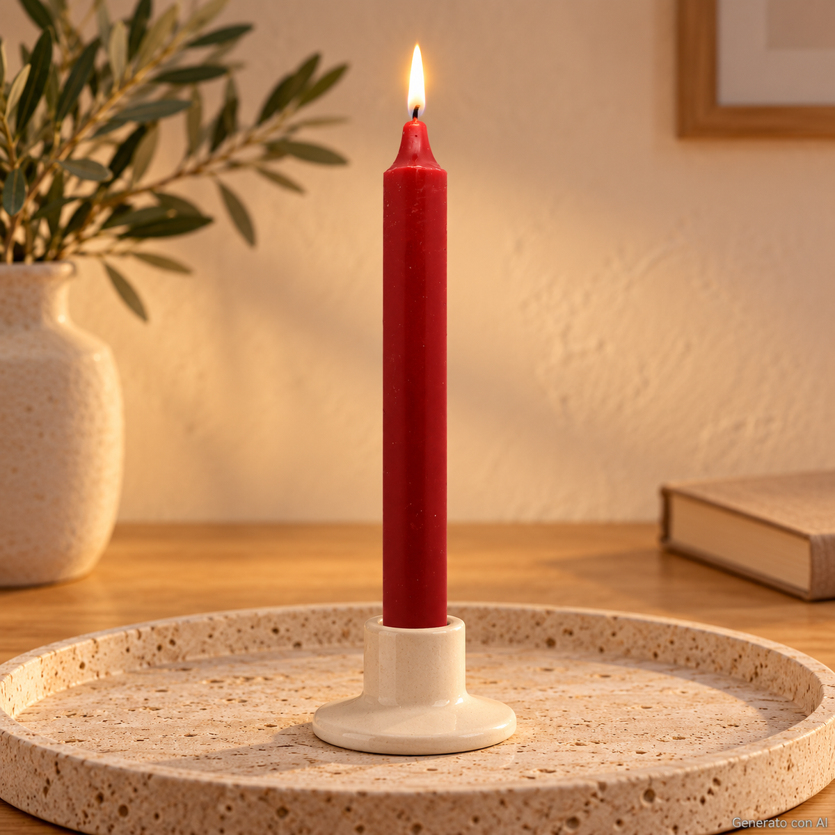 Candela rituale bordeaux tinta nella massa, accesa in un portacandela di ceramica su un vassoio in travertino.