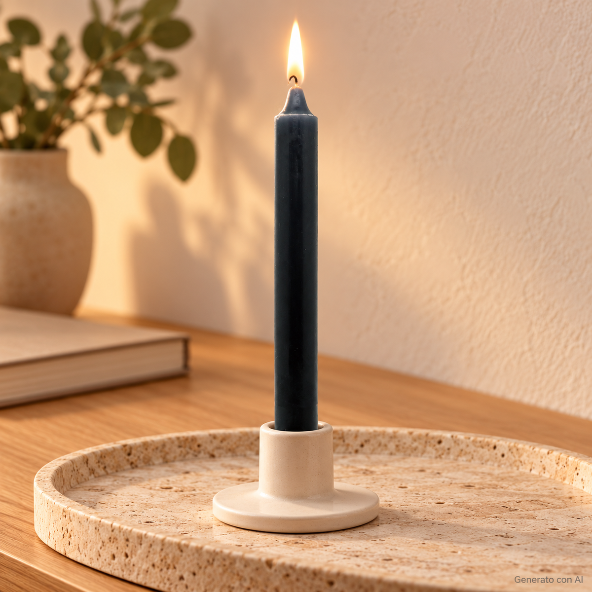Candela rituale grigia tinta nella massa, accesa in un portacandela di ceramica su un vassoio in travertino.