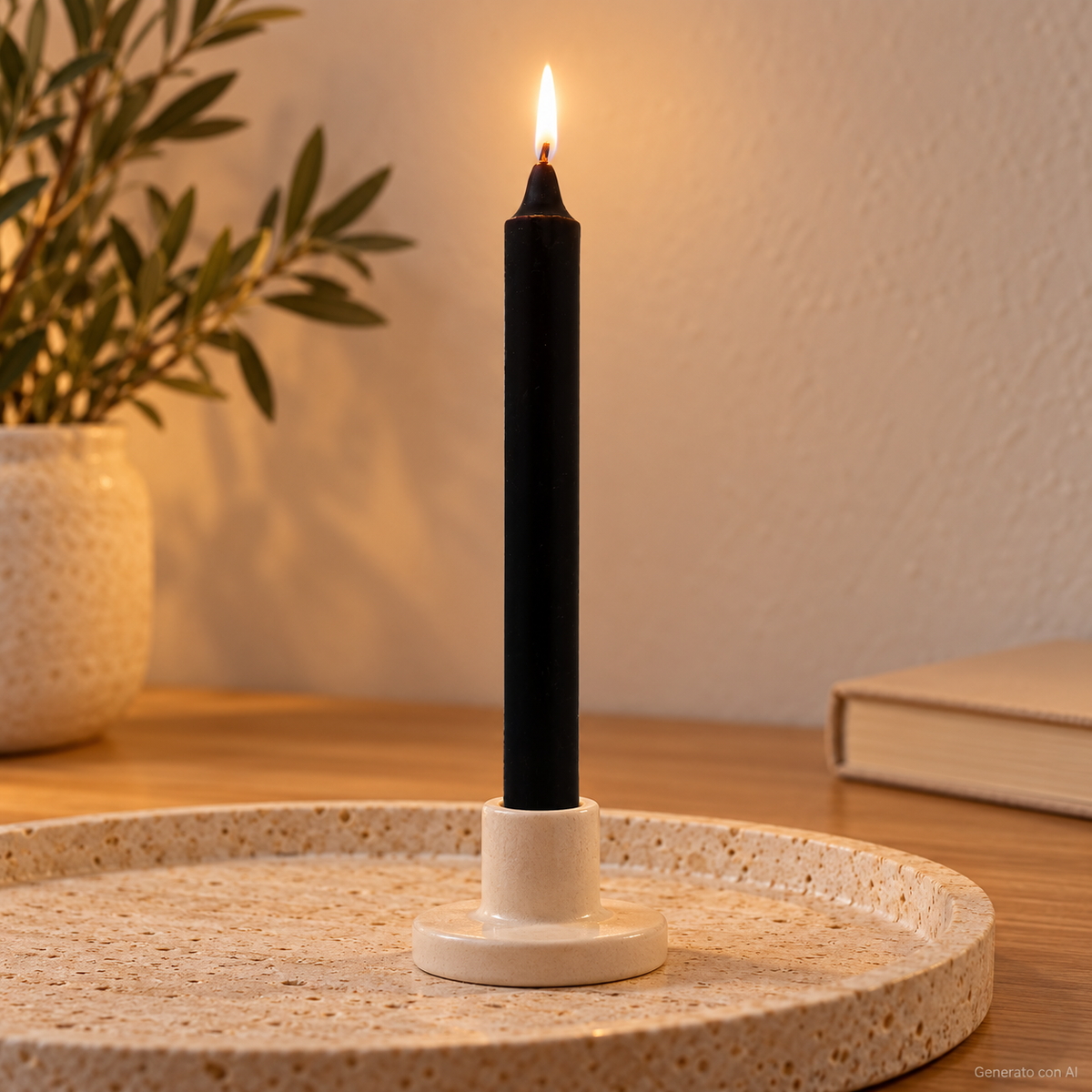 Candela rituale nera tinta nella massa, accesa in un portacandela di ceramica su un vassoio in travertino.