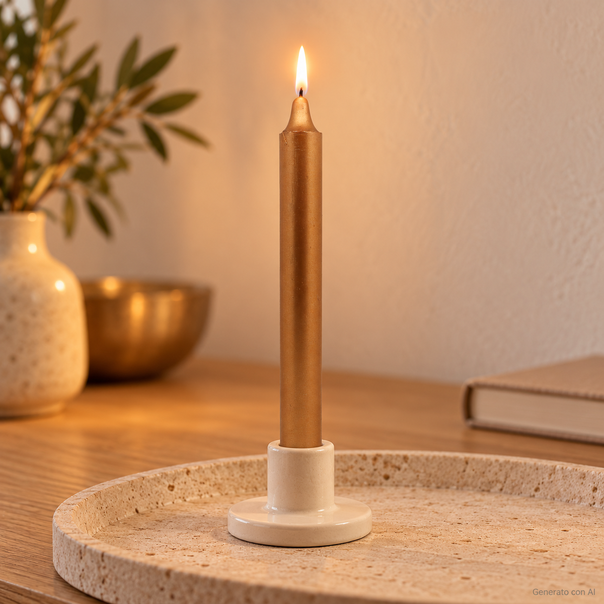 Candela rituale oro tinta nella massa, accesa in un portacandela di ceramica su un vassoio in travertino.