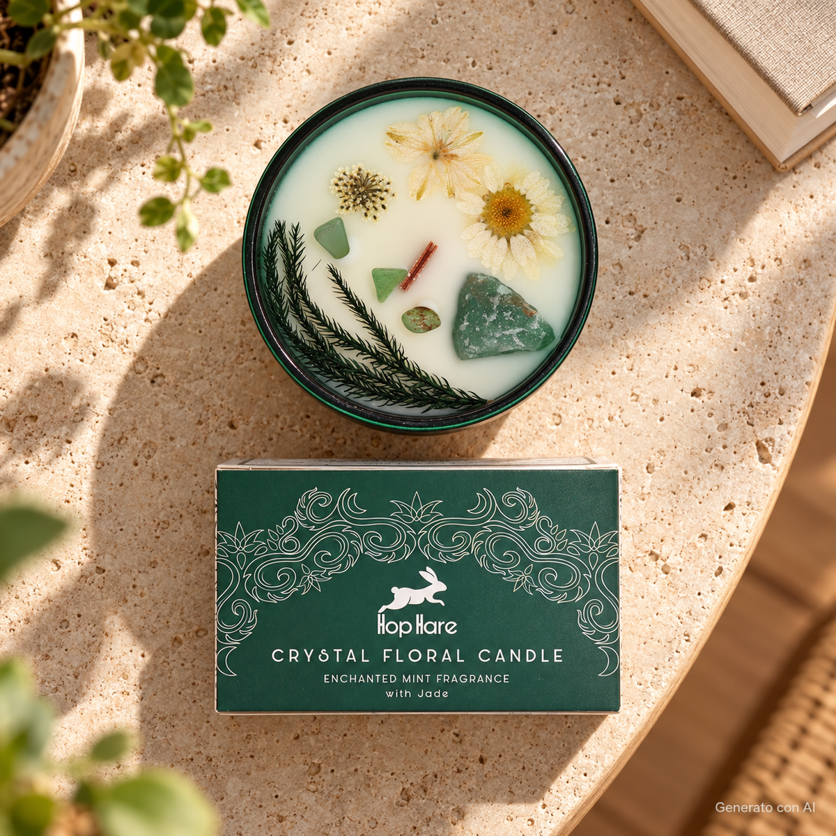 Candela profumata Hop Hare Il mago da 175 g, con cristalli e confezione originale, ambientata su pietra chiara.