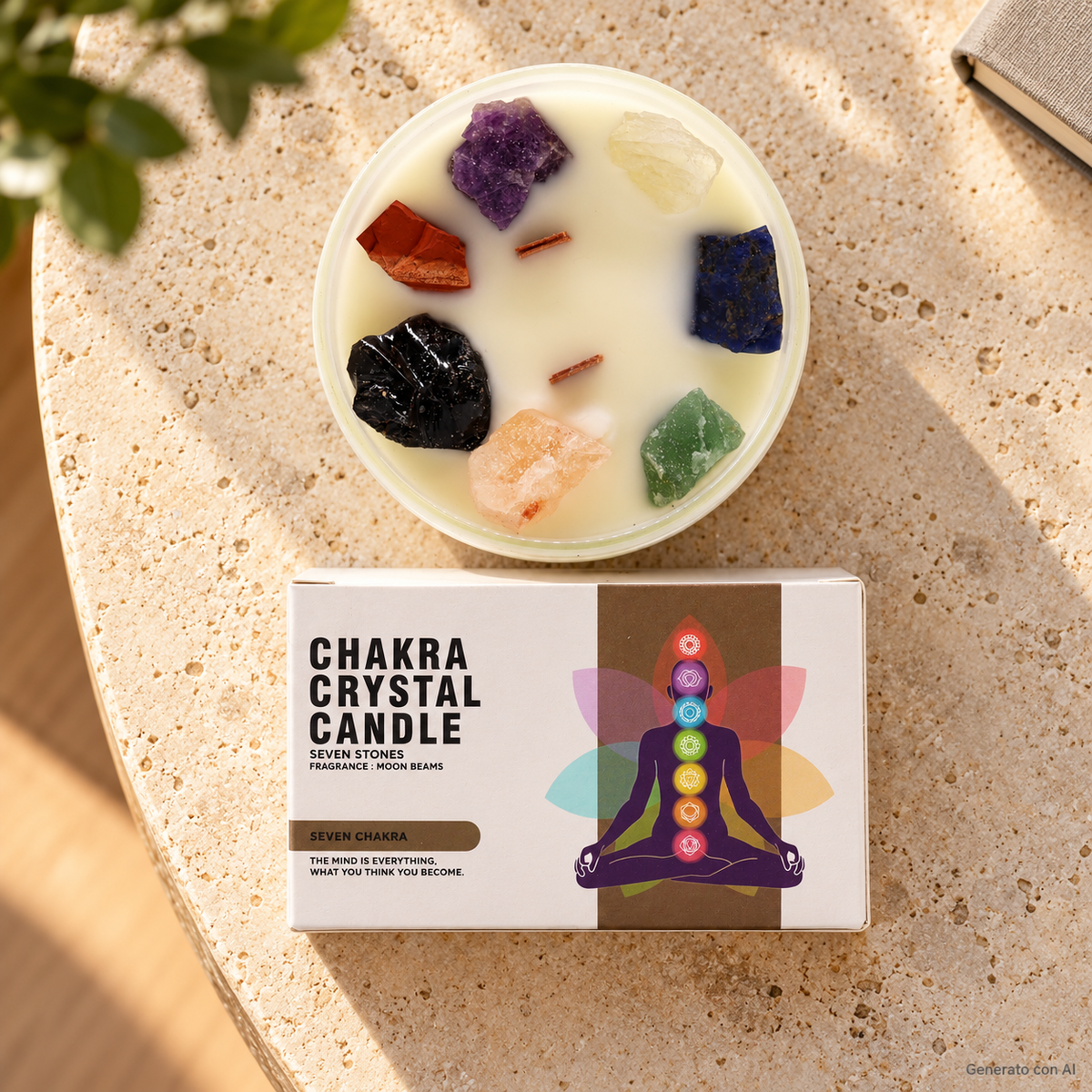 Candela profumata Sette Chakra Ancient Wisdom con pietre naturali e confezione, ambientata su pietra chiara.