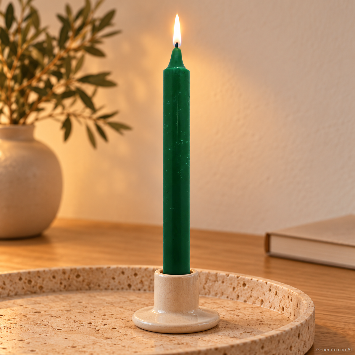 Candela rituale verde abete tinta nella massa, accesa in un portacandela di ceramica su un vassoio in travertino.
