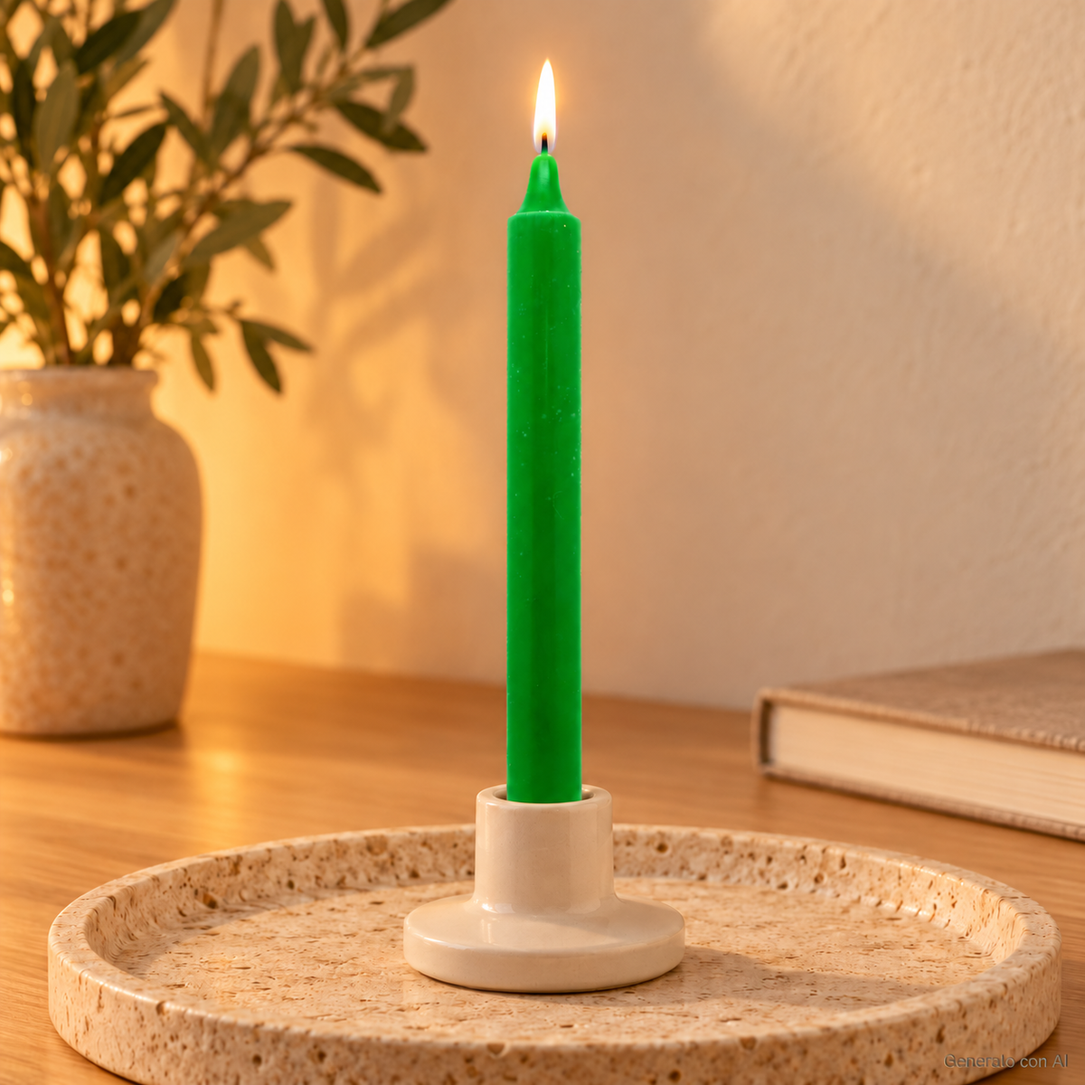 Candela rituale verde tinta nella massa, accesa in un portacandela di ceramica su un vassoio in travertino.