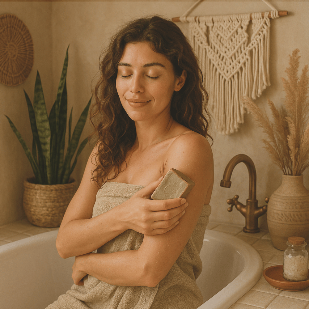 Donna sorridente nella vasca, avvolta in un asciugamano, con sapone solido in mano.