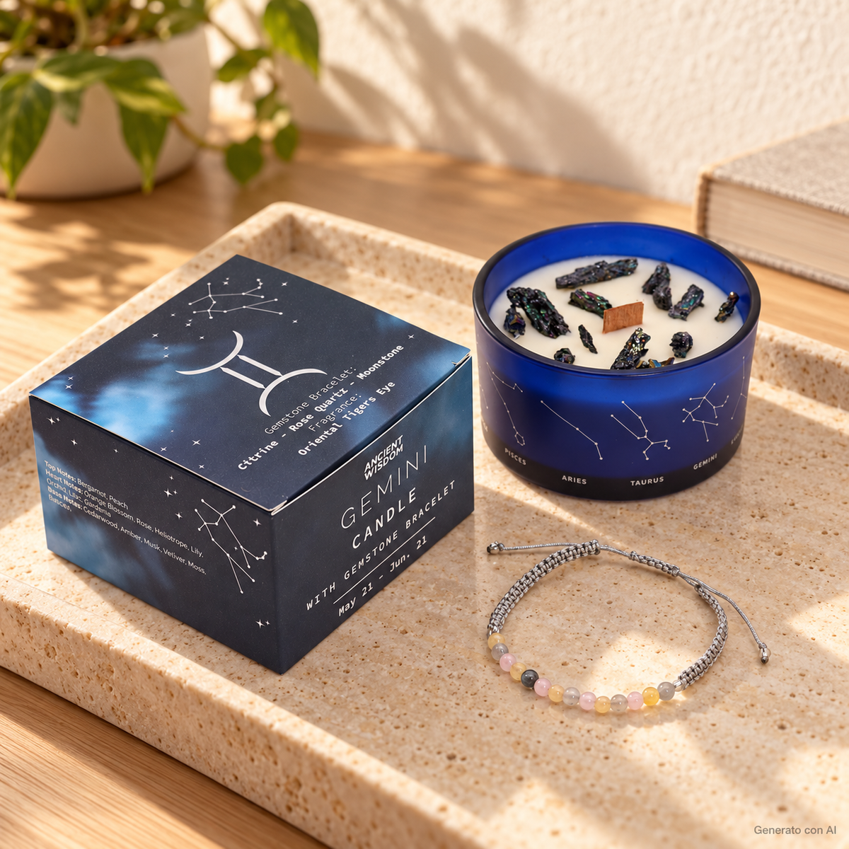 Candela Gemelli dello Zodiaco con confezione e braccialetto, ambientata su una consolle in legno.
