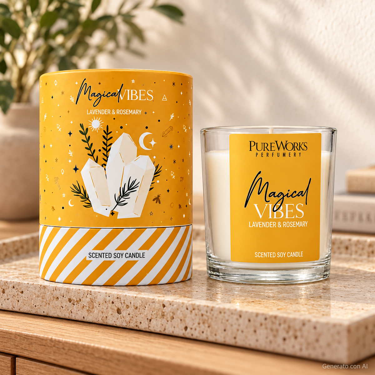 Candela profumata Celestial Magic Lavanda e Rosmarino, con confezione illustrata, ambientata su una consolle in legno.