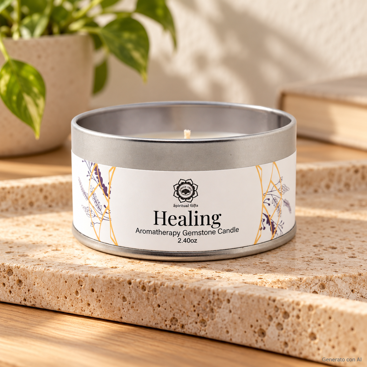 Candela profumata Lavanda ed Ametista da 70 g, con contenitore ed etichetta originali, ambientata su pietra chiara.
