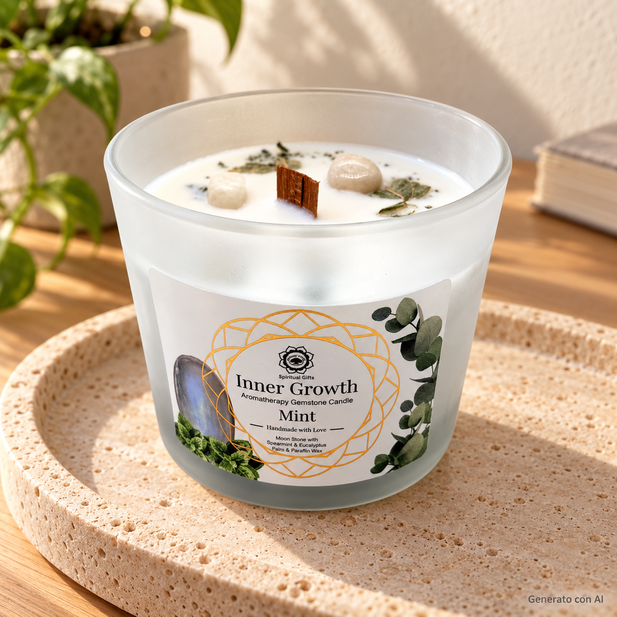 Candela profumata Menta e Pietra di Luna da 256 g, con contenitore ed etichetta originali, ambientata su pietra chiara.