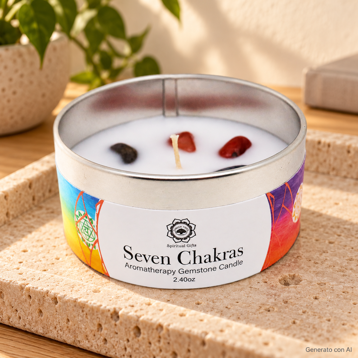 Candela profumata Nag Champa 7 Chakra da 70 g, con contenitore ed etichetta originali, ambientata su pietra chiara.