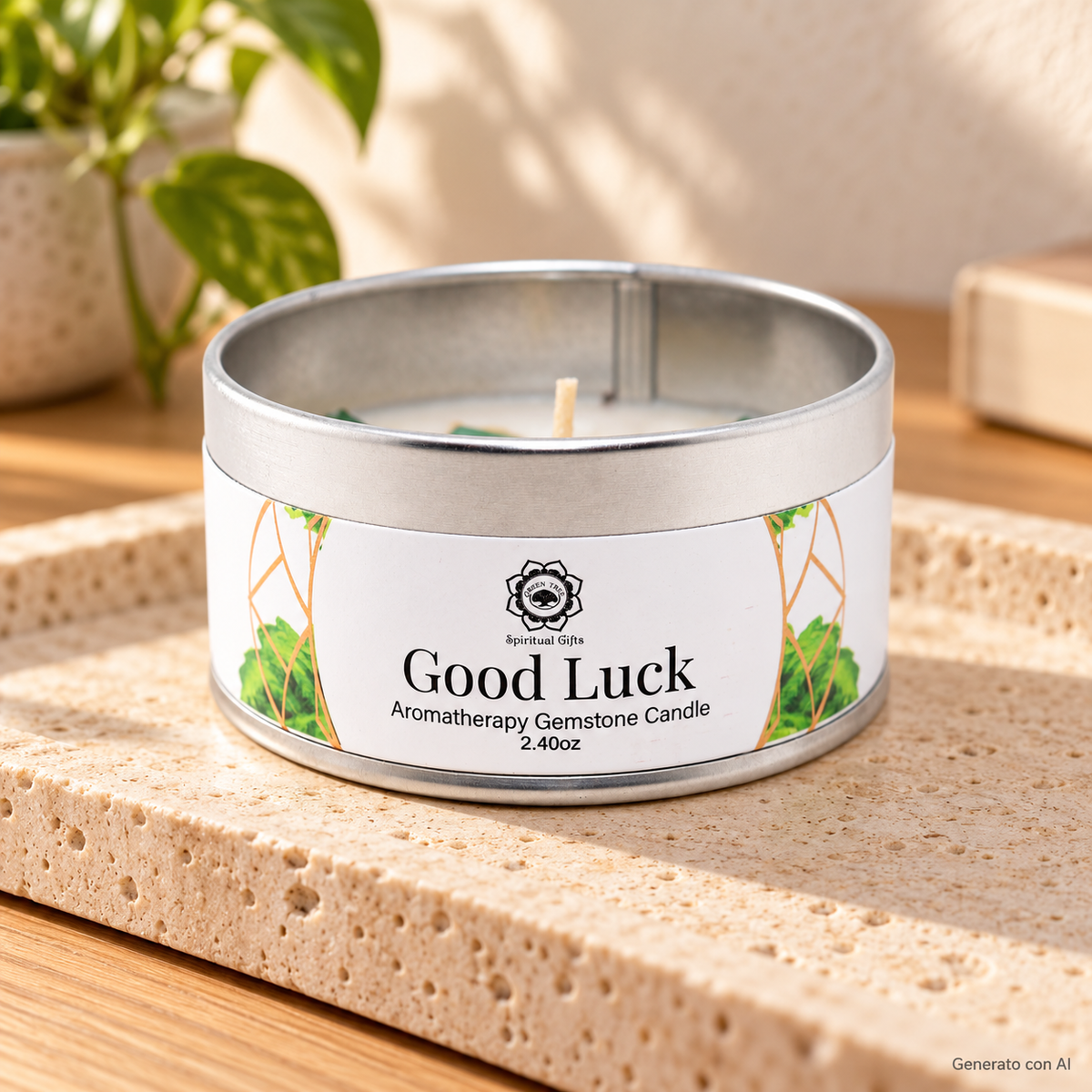 Candela profumata Patchouli e Avventurina Verde da 70 g, con contenitore ed etichetta originali, ambientata su pietra chiara.
