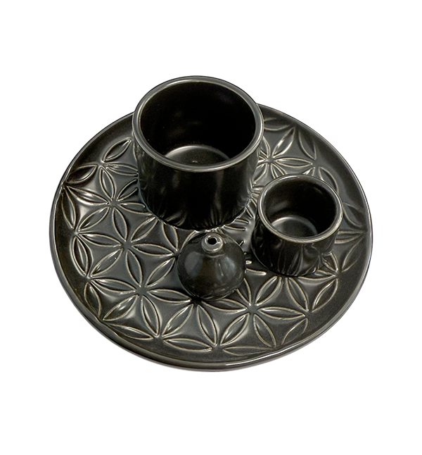 Porta Incenso in Ceramica Nero – Fiori della Vita – 13 cm