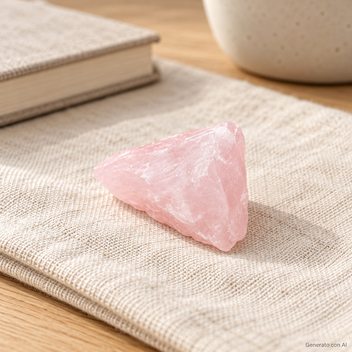 Pietra Grezza di Quarzo Rosa 2,5–4 cm – immagine ambientata su lino e legno | La Casa Degli Incensi