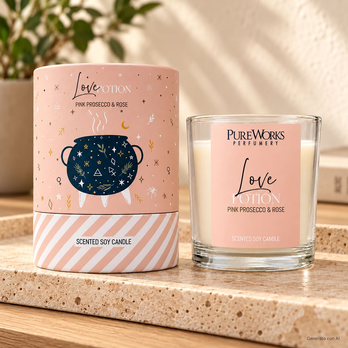 Candela profumata Celestial Magic Pink Prosecco e Rosa, con confezione illustrata, ambientata su una consolle in legno.