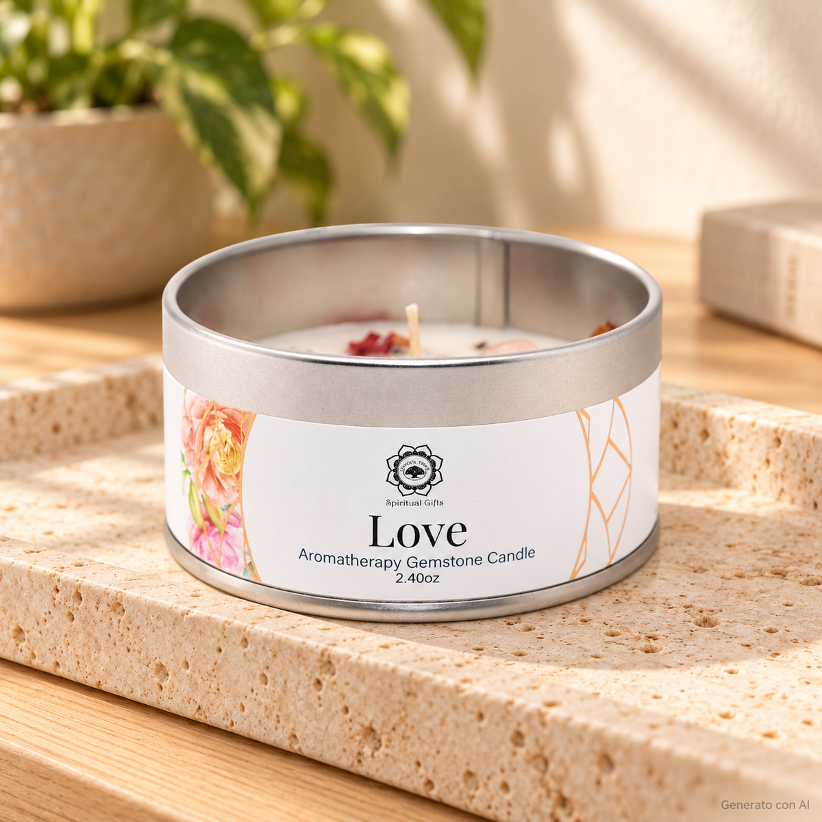 Candela profumata Rosa e Quarzo Rosa da 70 g, con contenitore ed etichetta originali, ambientata su pietra chiara.