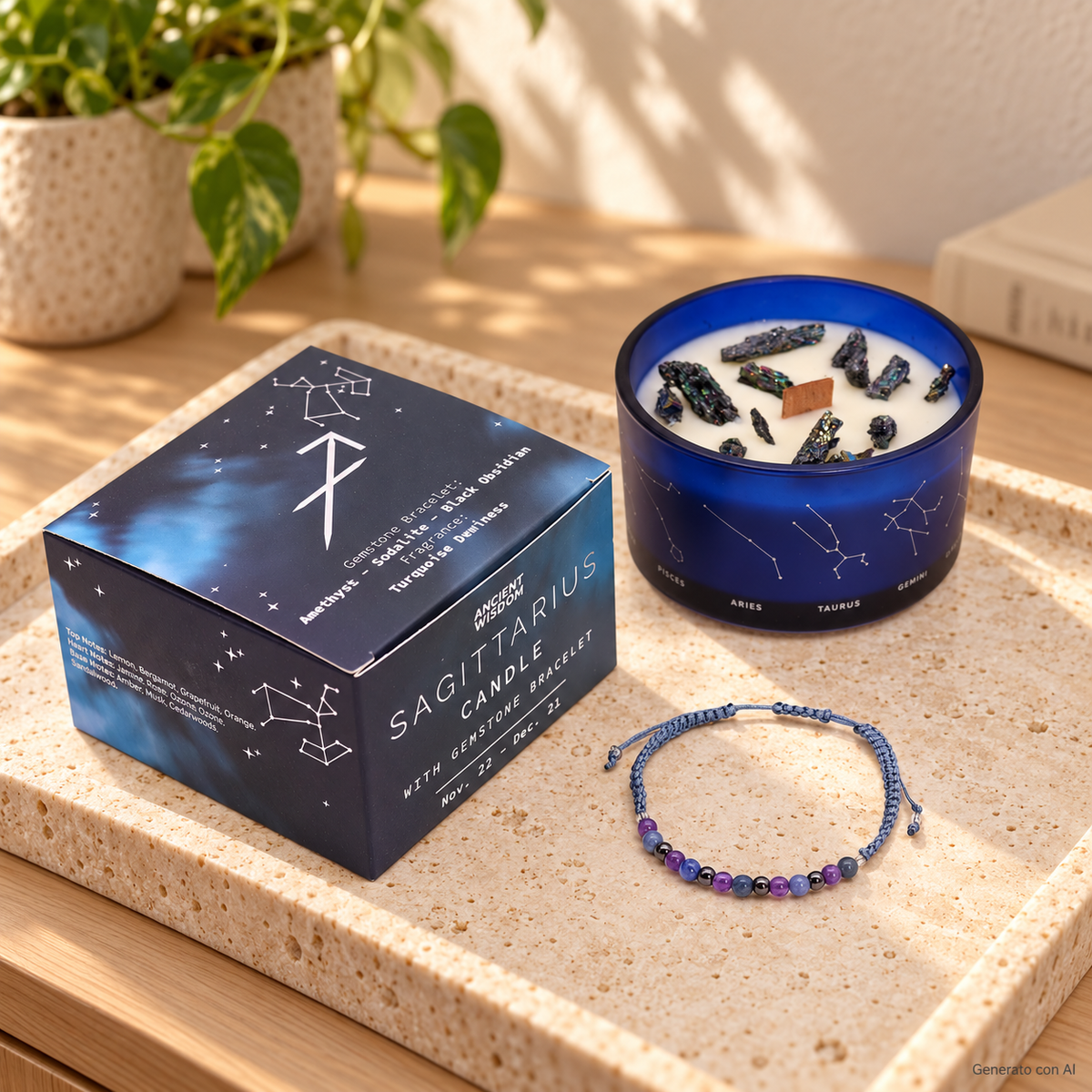 Candela Sagittario dello Zodiaco con confezione e braccialetto, ambientata su una consolle in legno.