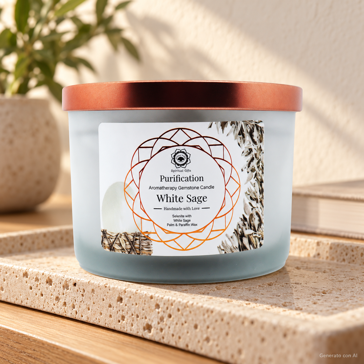 Candela profumata Salvia Bianca e Selenite da 256 g, con contenitore ed etichetta originali, ambientata su pietra chiara.