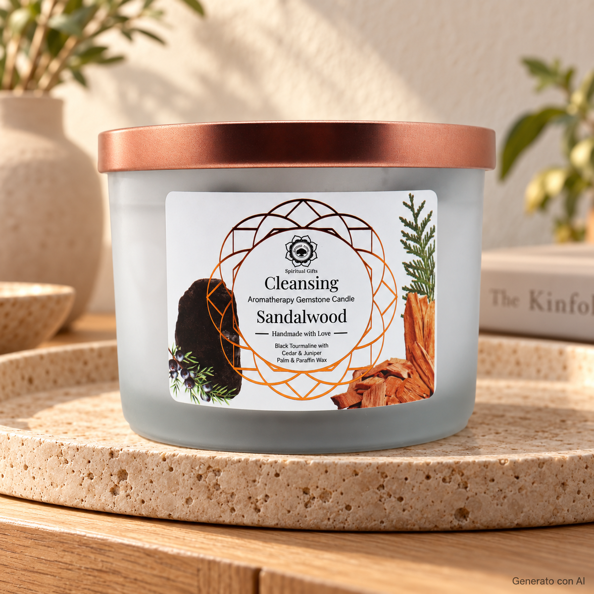 Candela profumata Sandalo e Tormalina da 256 g, con contenitore ed etichetta originali, ambientata su pietra chiara.