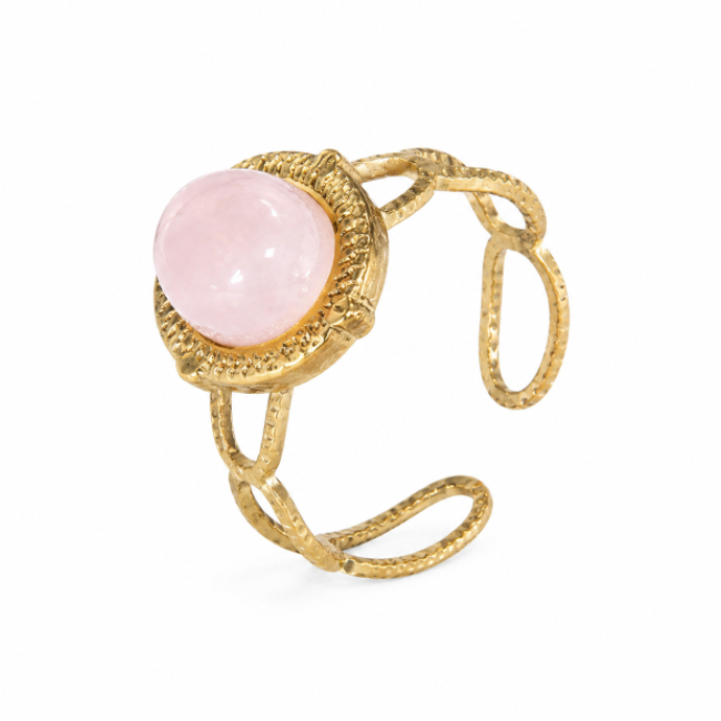 Anello Ovale con Quarzo Rosa in Acciaio Inossidabile Dorato