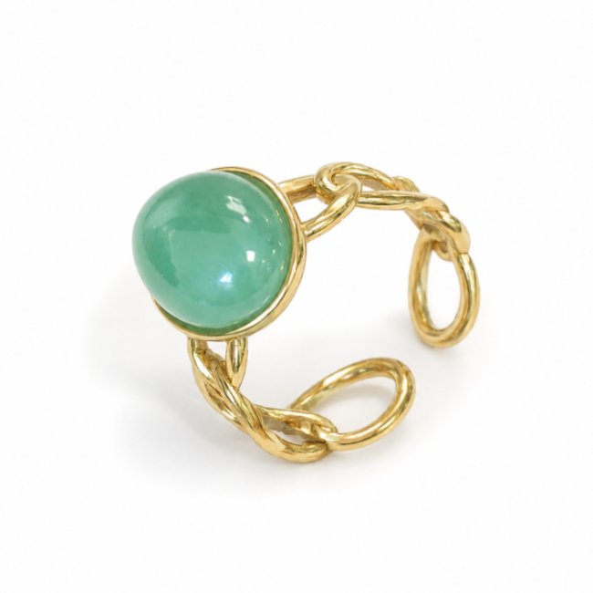 Anello Regolabile con Avventurina Verde in Acciaio Inossidabile Dorato