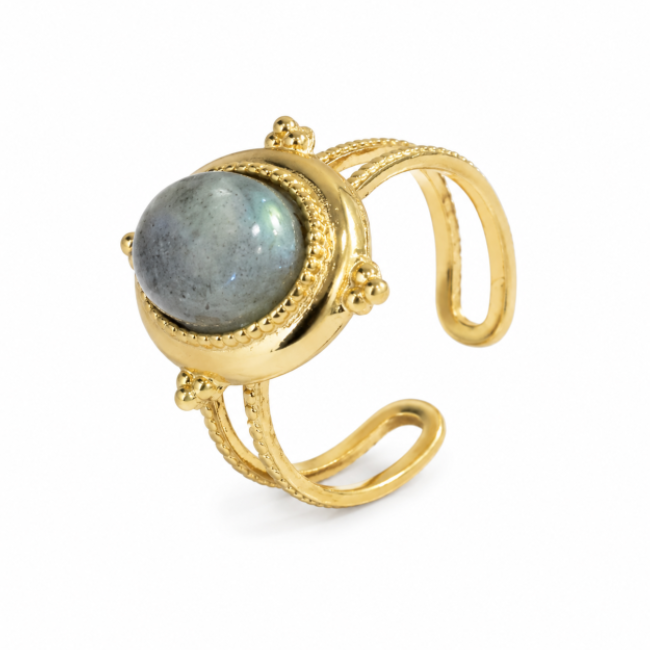 Anello Ovale con Labradorite in Acciaio Inossidabile Dorato Regolabile