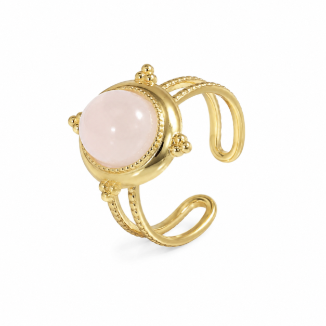 Anello Ovale con Quarzo Rosa in Acciaio Inossidabile Dorato Regolabile