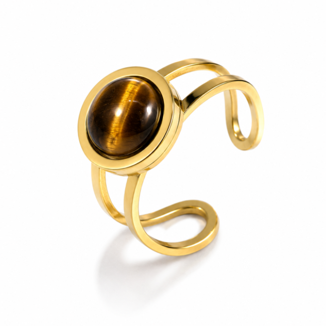 Anello con Occhio di Tigre in Acciaio Inossidabile Dorato Regolabile