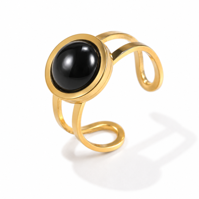Anello con Ossidiana Nera in Acciaio Inossidabile Dorato Regolabile
