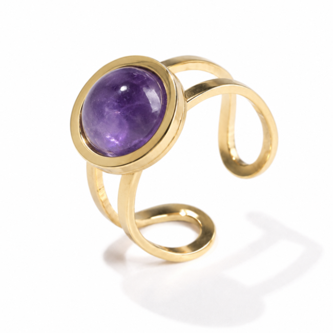 Anello con Ametista Naturale in Acciaio Inossidabile Dorato Regolabile